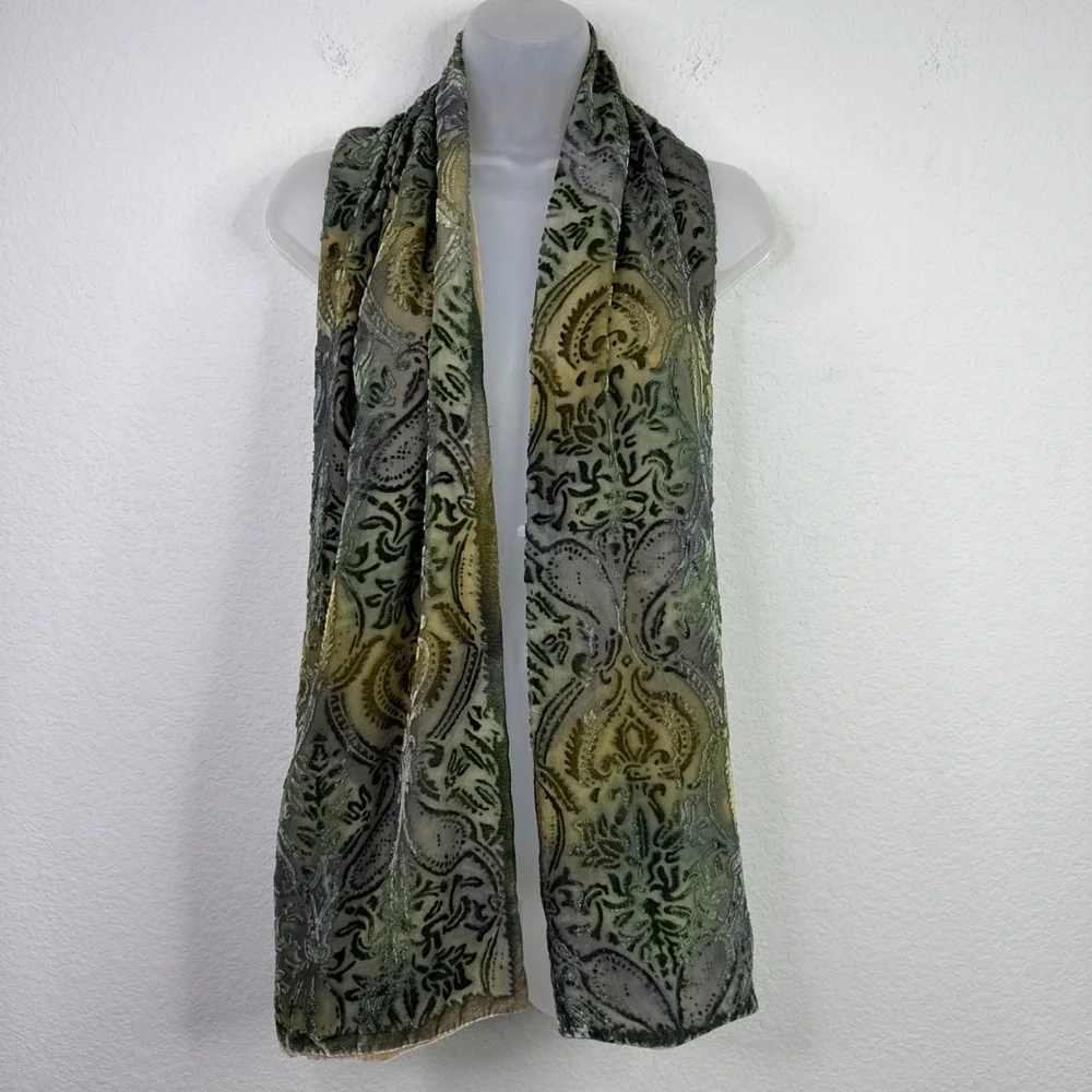 Lord & Taylor Scarf Womens OS‎ Green Gold Silk Paisley Burnout Velvet Luxury